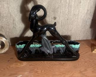 Black, ceramic ram planters