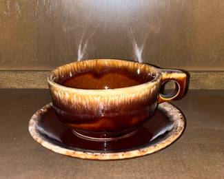Vintage Hull Oven Proof Coffee Cup With Crestone Saucer Brown Drip Glaze
