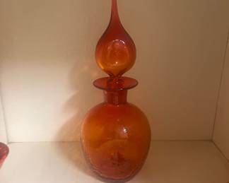 Vintage Large Rainbow Art Glass Orange Amberina Crackle Decanter Flame Stopper