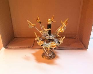 VTG MCM 18 Sword Cocktail Appetizer Picks  w/Stand Brass & Enamel Toledo Spain