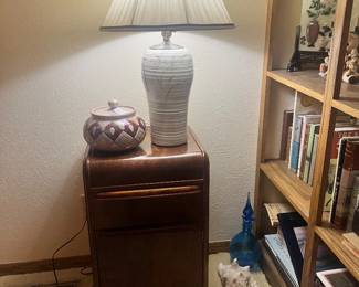 Vintage record cabinet, table lamp