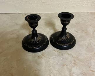 Vintage Black Etched Brass Indian candle holders