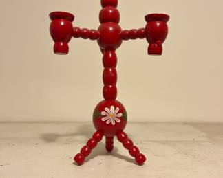 Traditional hand painted turn, wood, red Swedish candleobra 