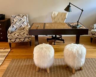 Cool Hooker South Point Desk with 2 Sherrel Accent Chairs, Hooker 2 Drawer File Cabinet, 2 Pottery Barn Shag Stools