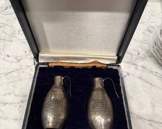 Pair of Japanese Silver Sake decanters with Hand Hammered Body