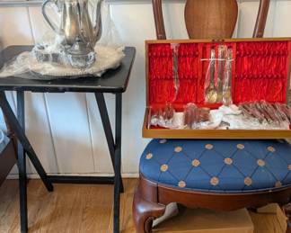 silver coffee set and serving pieces