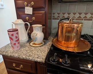 copper cookie jar, tray
