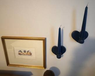 Framed Watercolor Print of Chickadees with HeartShaped Taper Candle Holders