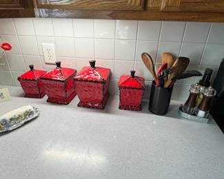 Red Ceramic Canister Set with Black and White Polka Dots