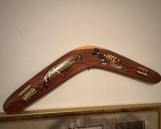 Aboriginal Australian Art Boomerang with Kangaroo and Emu Depictions