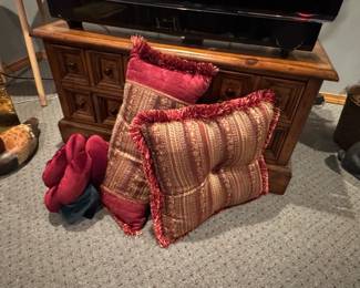 Pair of Burgundy and Gold Tapestry Throw Pillows with Tassels