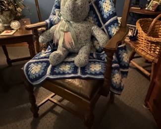 Vintage Teddy Bear with Crochet Blanket and Rocking Chair