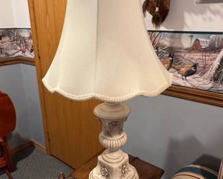 Vintage Ceramic Table Lamp with Rose Motif and Braided Shade Trim