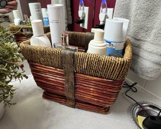 Vintage Woven Rattan Basket with Leather Strap Accent