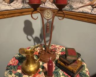 Brass Pitcher and Ornate Tassel Candelabra with Faux Books