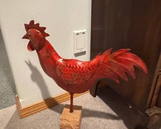 Red Metal Rooster Sculpture with Wooden Base