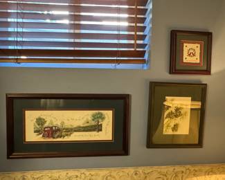 Framed Vintage Automobile and Bird Prints