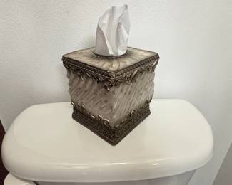 Ornate SilverTone Metal Tissue Box Cover with Frosted Glass Panels