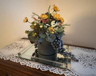 Artificial Floral Arrangement with Grapes and Mirrored Tray