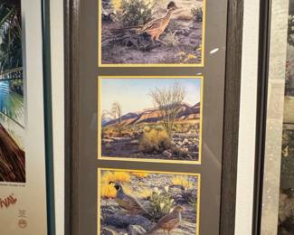 Triptych Wildlife Art Print  Roadrunner and Quail by Maynard Reece