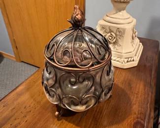 Vintage Caged Glass Apothecary Jar with Bird Finial