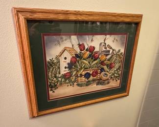 Framed Print of Tulips, Birdhouse, and Birds by Laurette Ryerson