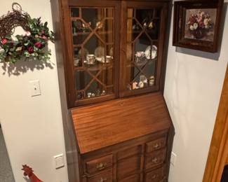 Antique Chippendale Style Mahogany Secretary Desk with China Cabinet