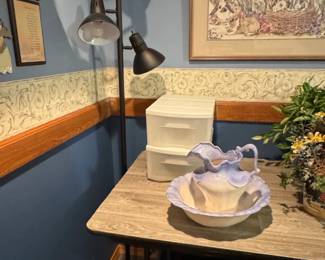 Victorian Blue Floral Transferware Wash Basin and Pitcher Set