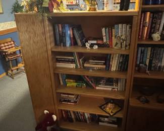 Oak Bookcase with Assorted Books and Decor