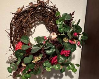 Grapevine Wreath with Faux Floral and Bird Embellishments