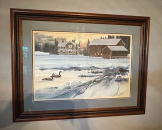 Winter Farm Scene Watercolor Painting