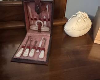 Vintage Mother of Pearl Handle Manicure Set in Case