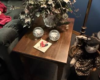 Vintage Wooden End Table with Rooster Coaster and Glass Votive Holders