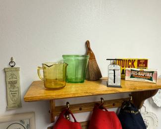 Vintage Pyrex Amber Measuring Cup and Green Depression Glass Tumbler