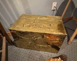 Embossed Brass Hunting Scene Coal or Firewood Box