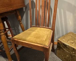 Antique Arts and Crafts Oak Dining Chair with Green Upholstery