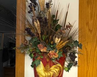 Galvanized Metal Rooster Wall Planter with Faux Botanicals