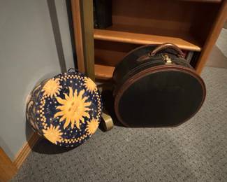 Vintage Sun  Moon Motif Round Hat Box and Black Leatherette Oval Hat Box