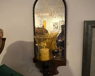 Vintage Arched Mirror with Twisted Rope Frame and Amber Glass Candlestick Holder