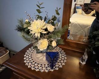 Artificial Winter Floral Arrangement with Cobalt Blue Geometric Vase and Crocheted Doily