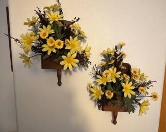 Set of Artificial Daisy Floral Arrangements in Wooden Wall Planters
