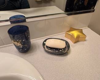Celestial Themed Bathroom Accessories Set  Navy Blue Stars and Moon Tumbler, Soap Dish, and Gold Star Trinket Box