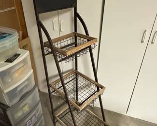 Industrial Style Metal and Wood Tiered Basket Display Shelf with Chalkboard Top