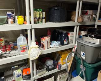 Assorted Canned Goods, Household Supplies, and Storage Boxes