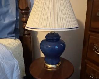 Blue Ceramic Ginger Jar Table Lamp with Brass Collar and Pleated Shade
