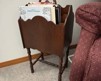 Vintage Wooden Magazine Rack with Scalloped Edge and Turned Legs