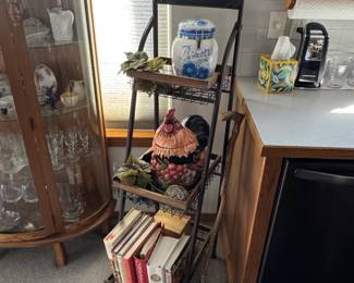 Vintage Wrought Iron Tiered Shelf with Rooster and Biscotti Jar