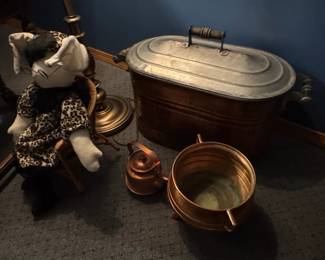 Antique Copper Boiler Wash Tub with Lid and Small Copper Kettle