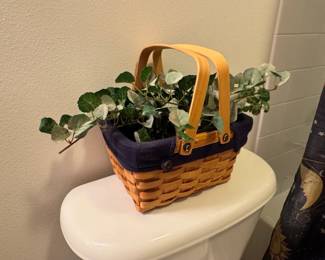 Longaberger Woven Picnic Basket with Fabric Liner and Faux Greenery