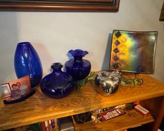 Cobalt Blue Glass Vases and Iridescent Glass Dish